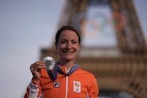Women's road cycling medal ceremony: Silver medalist Marianne Vos, of the Netherlands